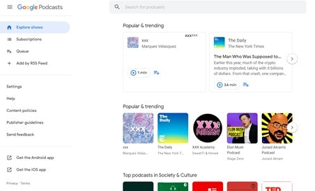 google podcasts home interface