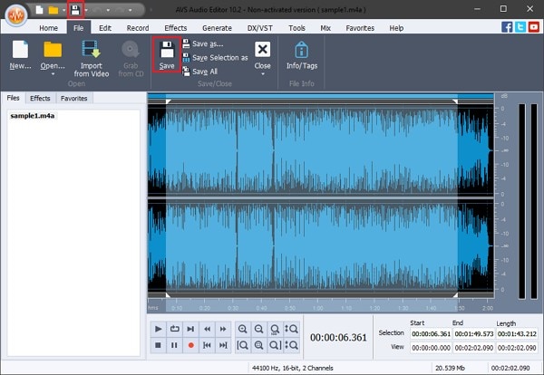 salva il file audio modificato