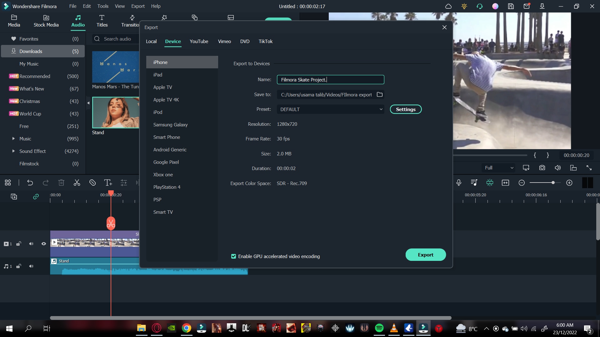 wondershare filmora exporting video to a specific device