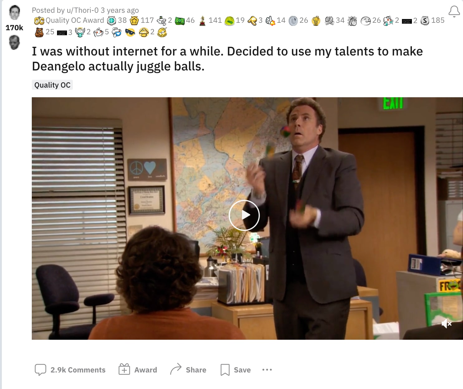 reddit post of deangelo juggling balls the office