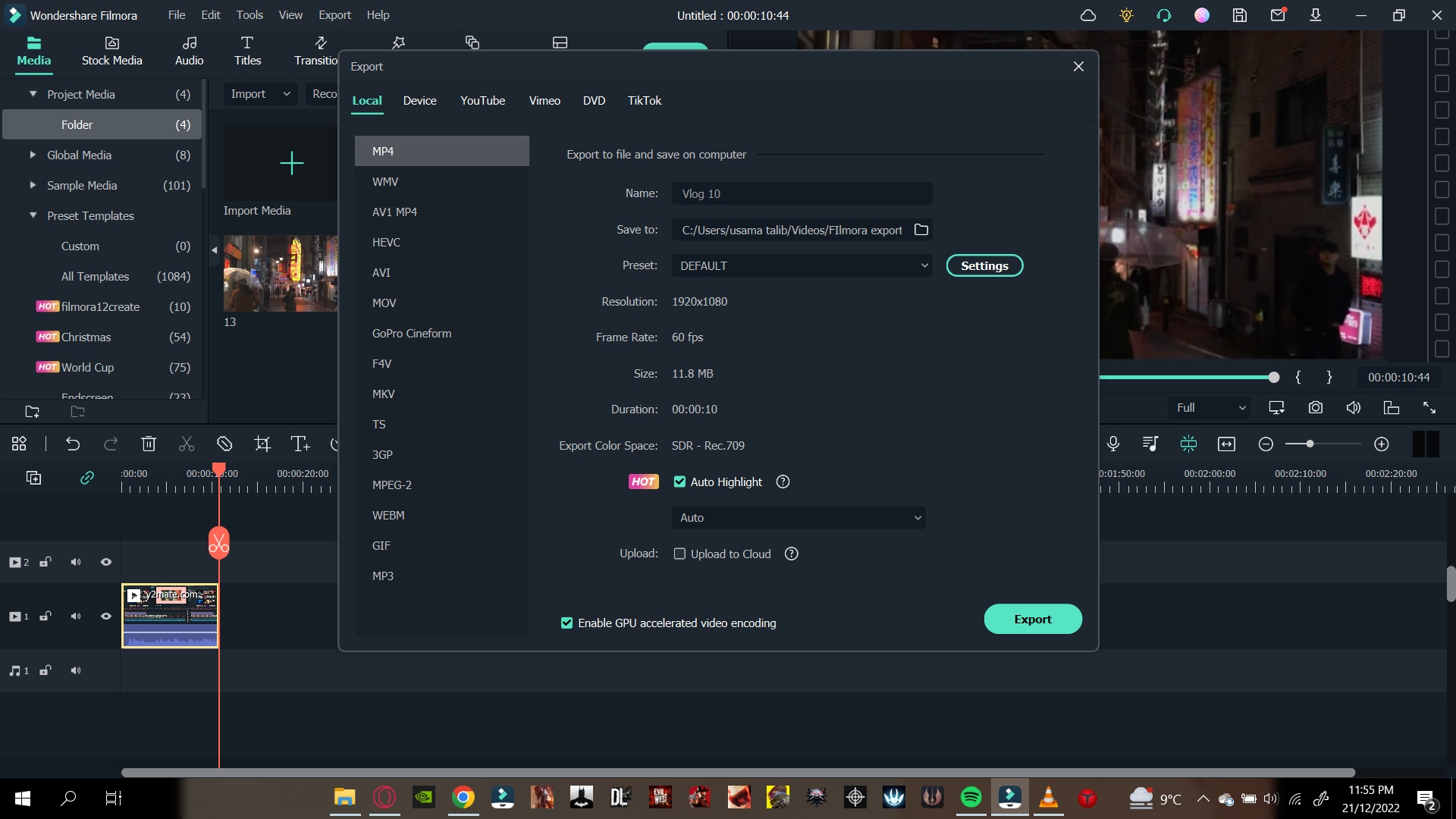 wondershare filmora exporting video clips