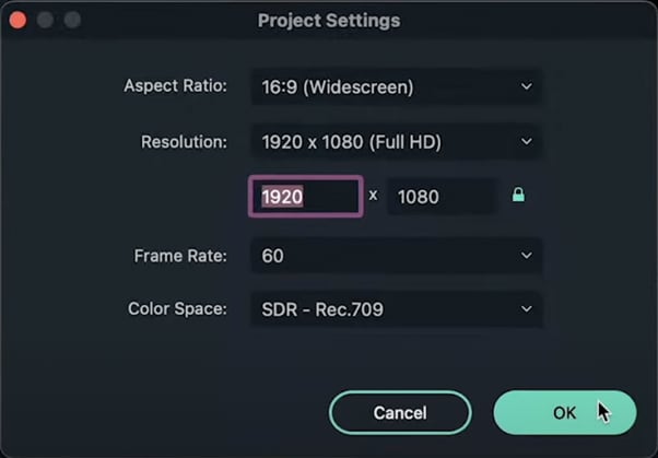 project settings filmora