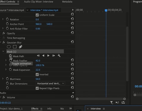 adding keyframes to adjust the mask on the subject in premiere pro