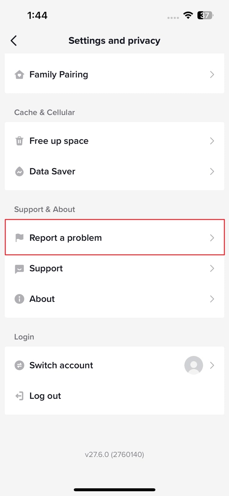 select report a problem option