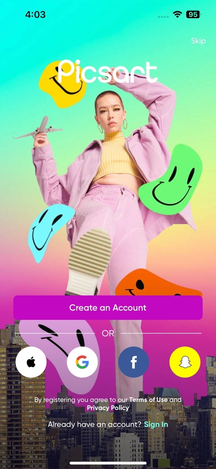 create a picsart account if needed