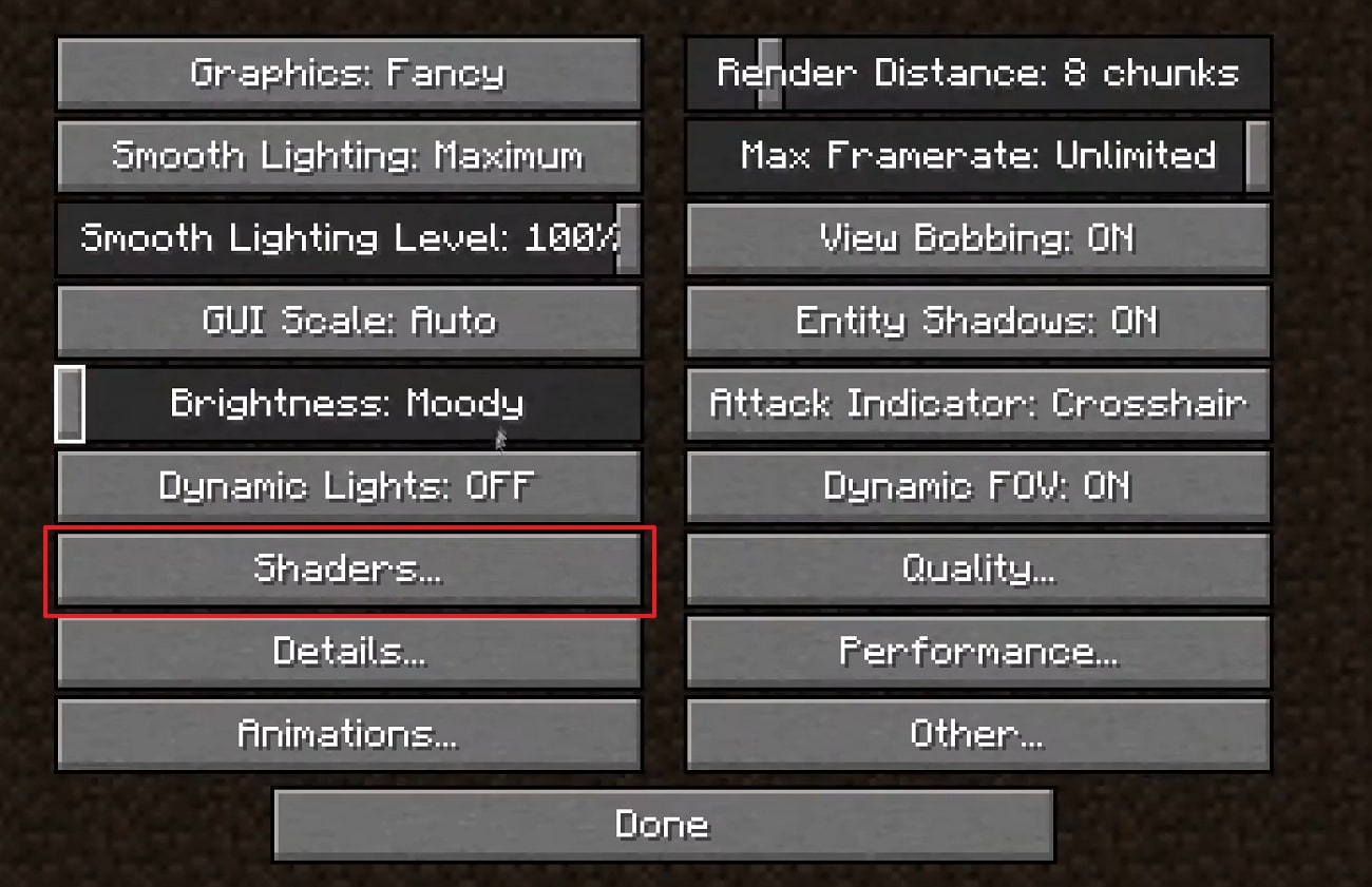 tap on the shaders option