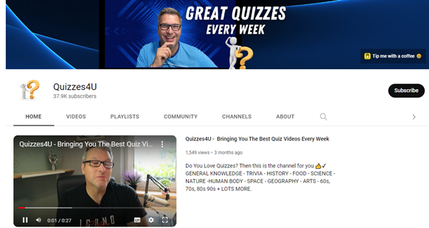 قناة quizzes4u على YouTube لفيديوهات الاختبارات