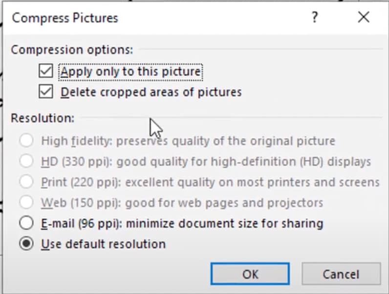word compress pictures settings