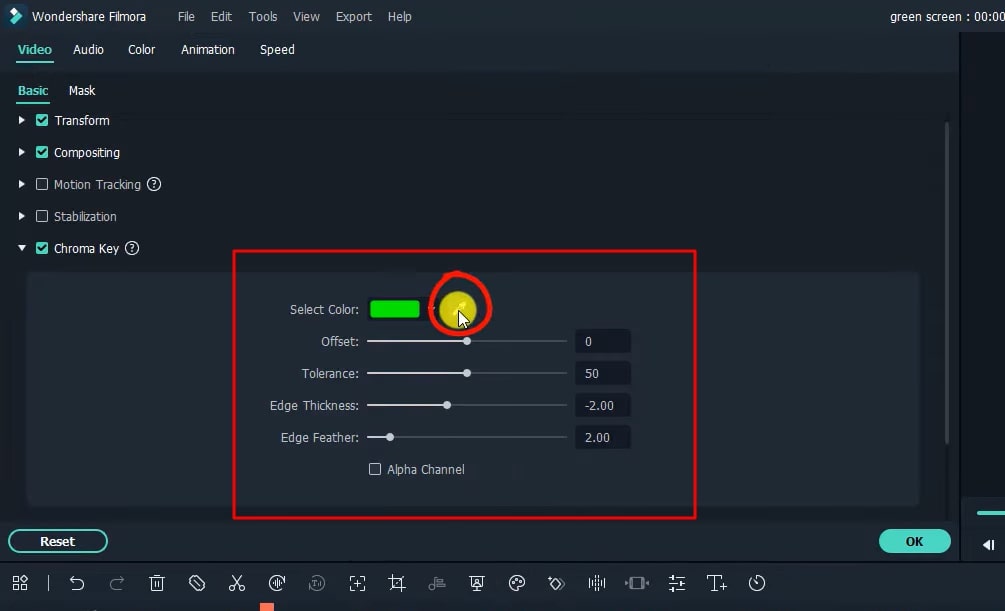set parameters in chroma key section