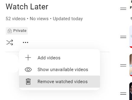 removing watched videos from youtube watch later