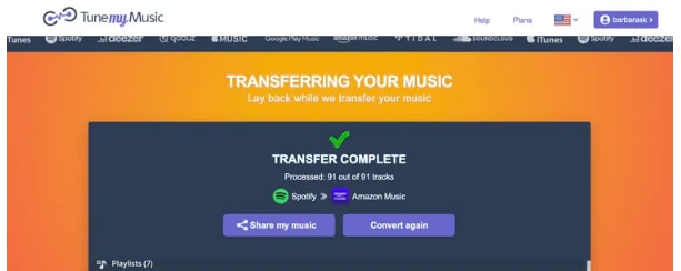 transferring spotify playlist amazon music with tunemymusic