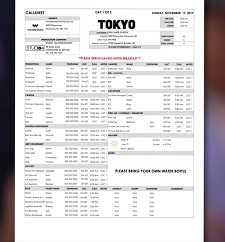 call sheet of tokyo song
