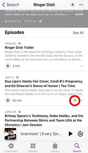 upside down arrow icon shows downloaded episodes