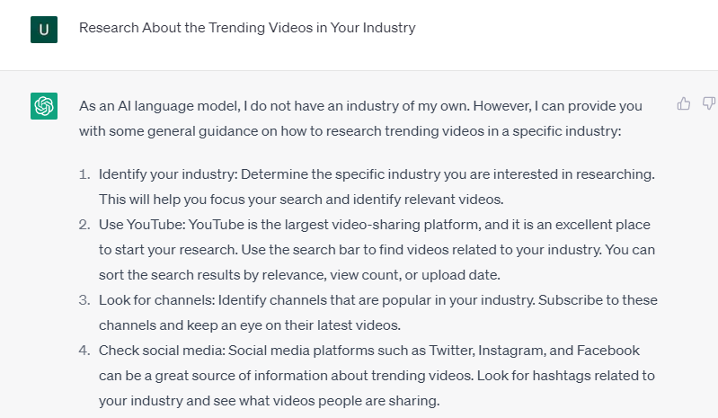 chatgpt investiga sobre los videos de tendencia en tu industria 