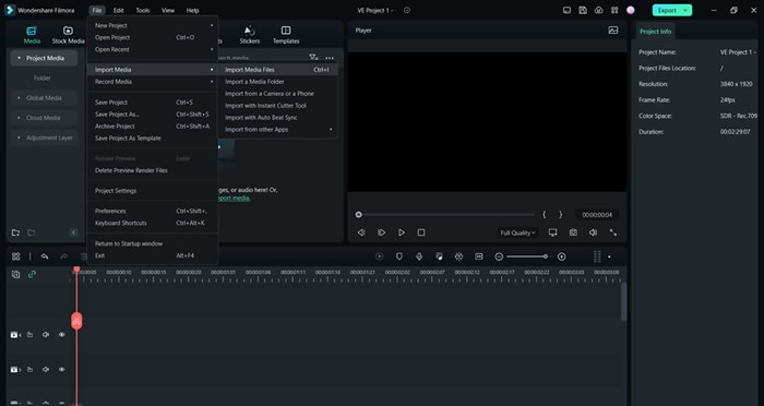 importing video in filmora