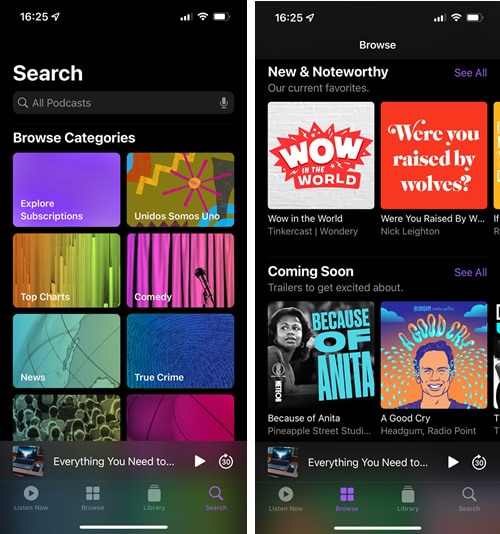 option de recherche et de navigation dans l'application Apple Podcast