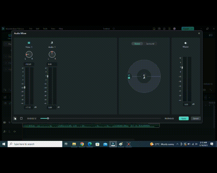 visualización de los ajustes en la pista audio