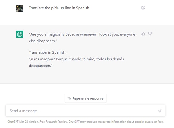 chatgpt translate the pick-up line in spanish results.