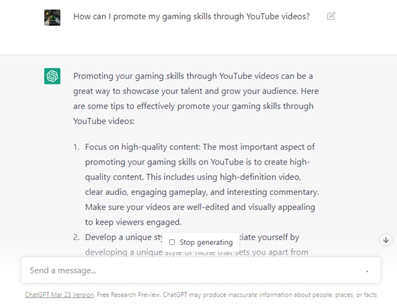 chatgpt cómo puedo promocionar mis habilidades para jugar videojuegos (gaming) mediante videos de YouTube resultados.