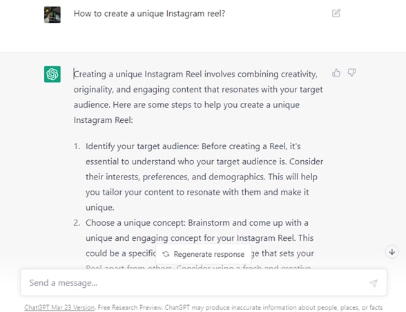 chatgpt how to create a unique instagram reel result.