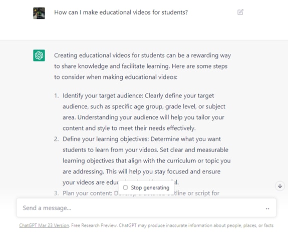 ChatGPT How can I make educational videos for students result.