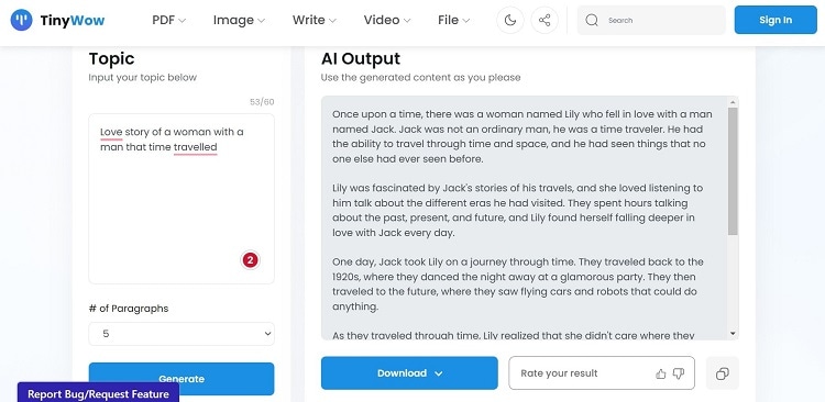 TinyWow AI Tools لكتابة القصص
