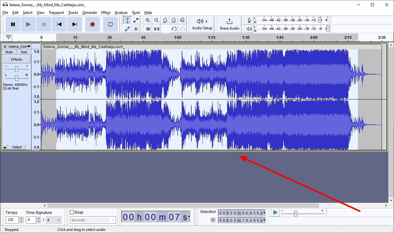 Importe o áudio para o Audacity