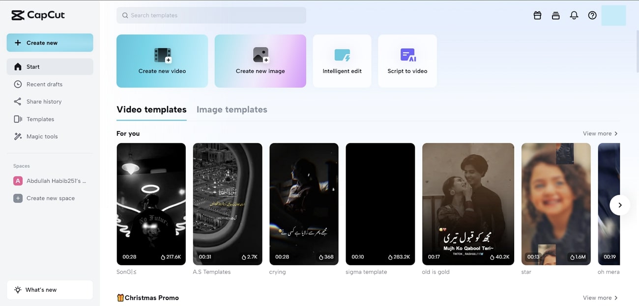 capcut video editor dashboard