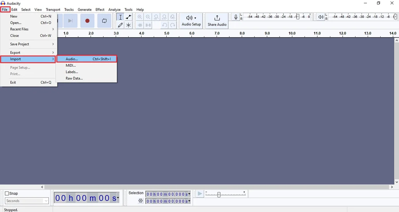 impor file audio di audacity