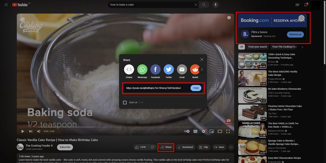 copiare il collegamento del video di YouTube