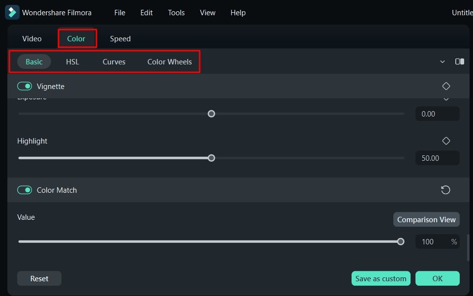 open color correction settings