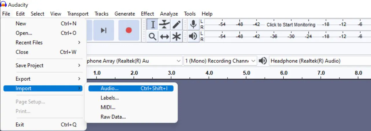 Importe os arquivos para o Audacity