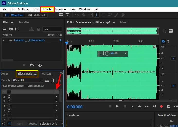 adobe audition انقر فوق رف التأثيرات