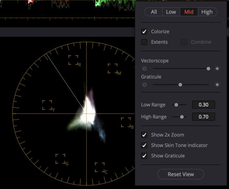 high, mid, and low views in vectorscope
