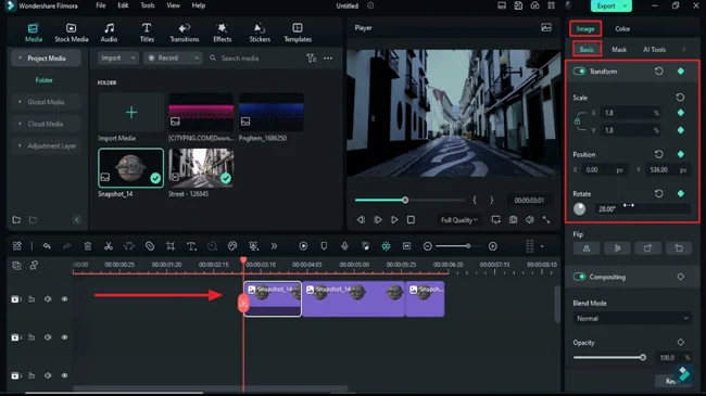 diviser le clip du vaisseau spatial et activer le keyframing