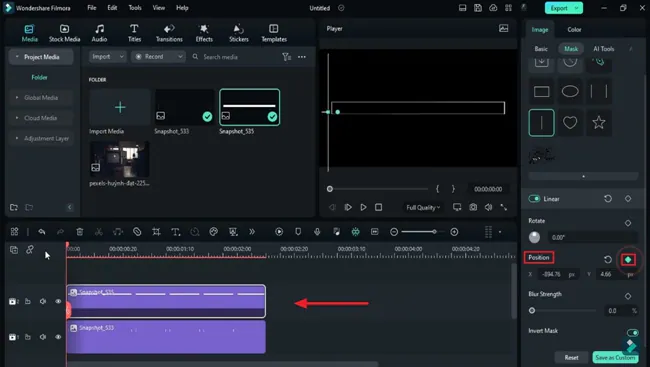 adicione os keyframes de posição na máscara