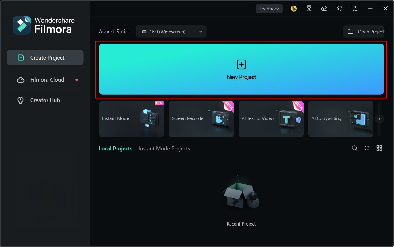 Abra o Filmora e crie um novo projeto