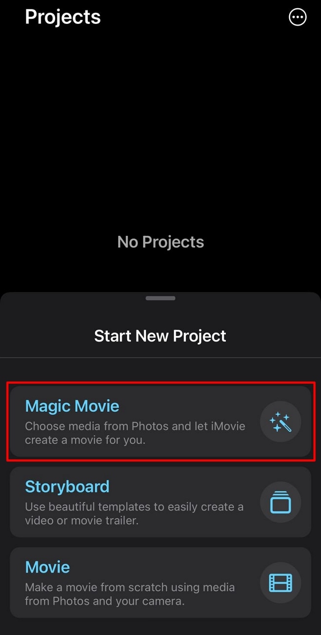 Novo projeto no iMovie