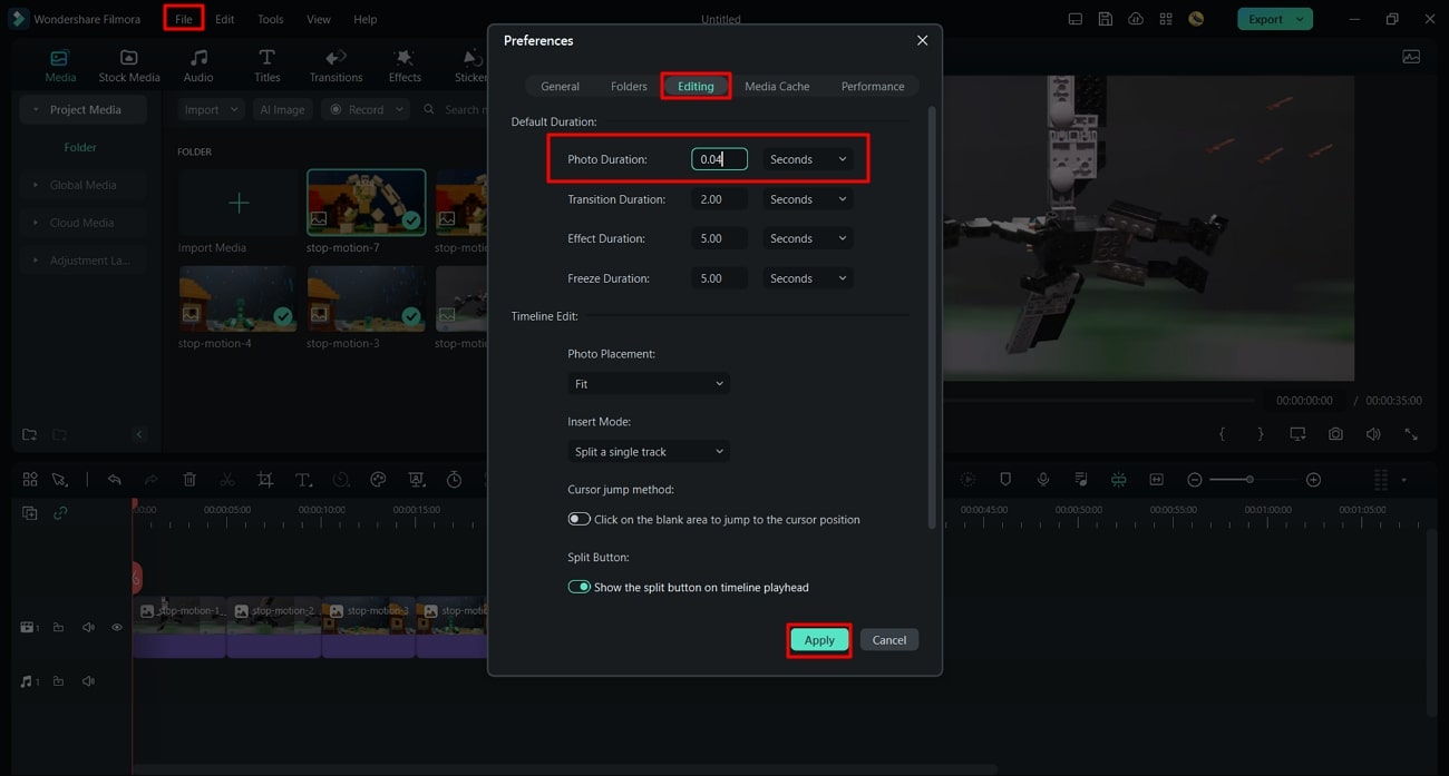 set duration in project settings