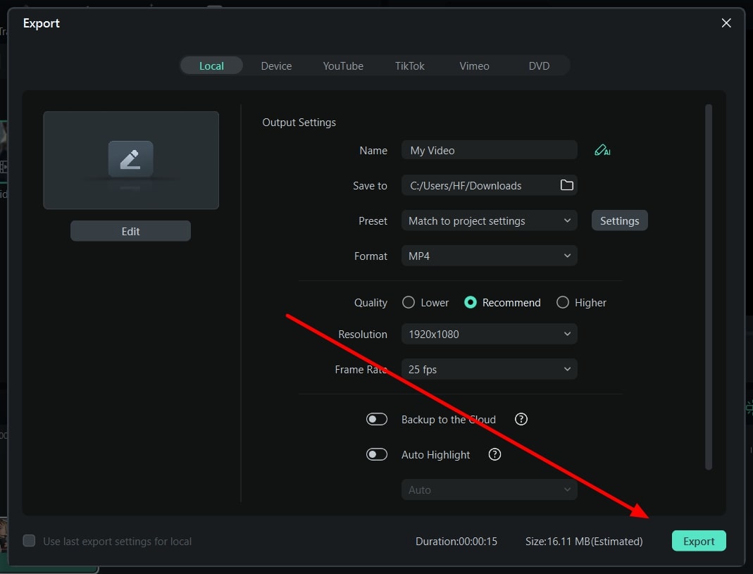 export video yang dihasilkan