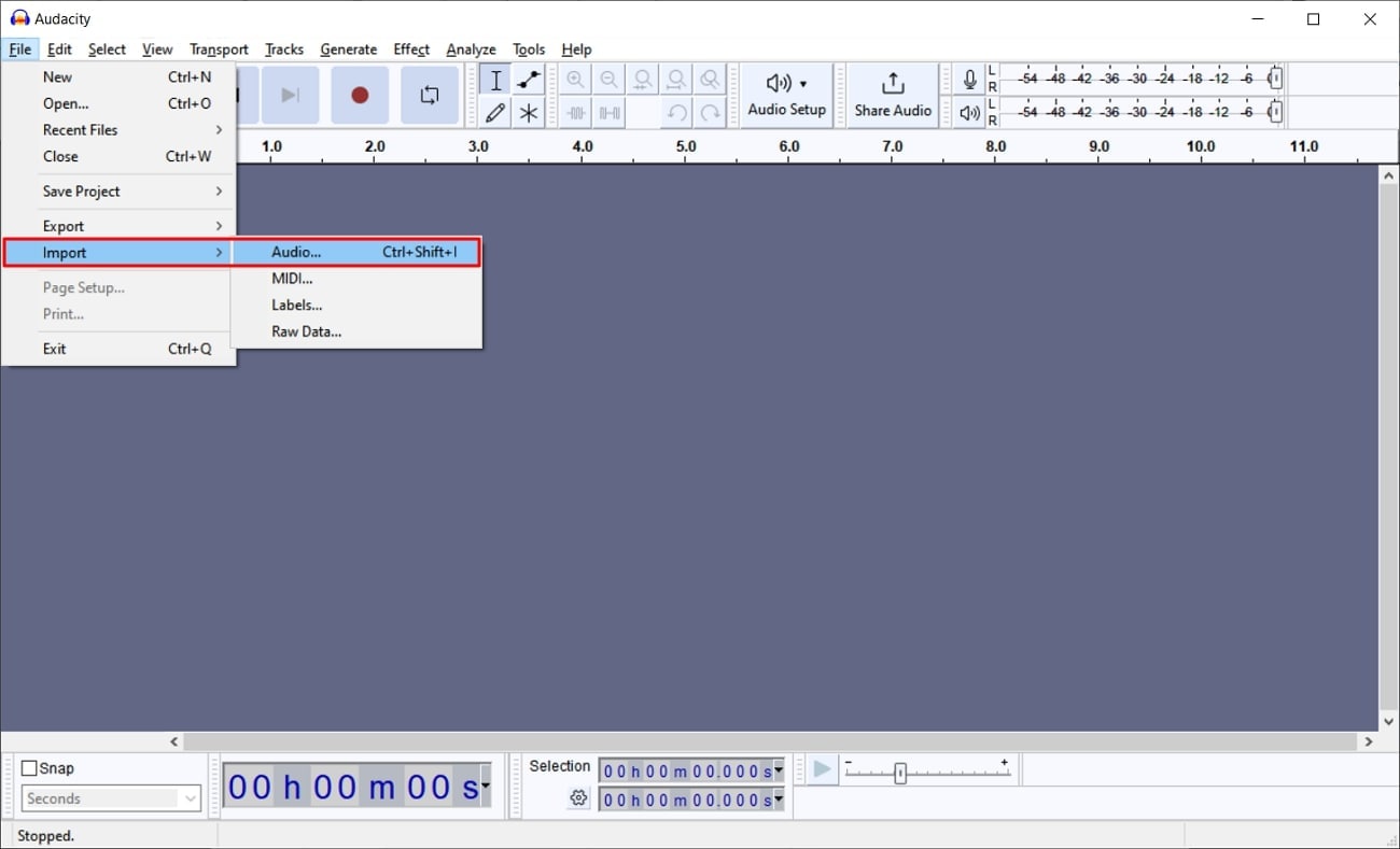 Suchen Sie die Registerkarte Audio in Audacity