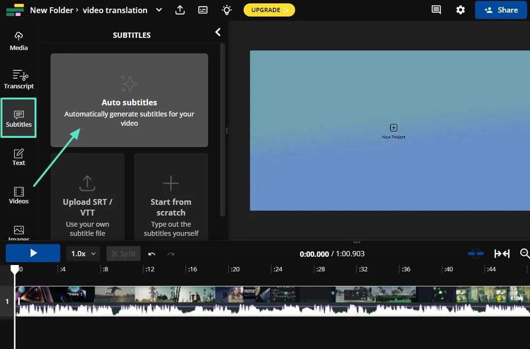 start auto subtitling function in kapwing