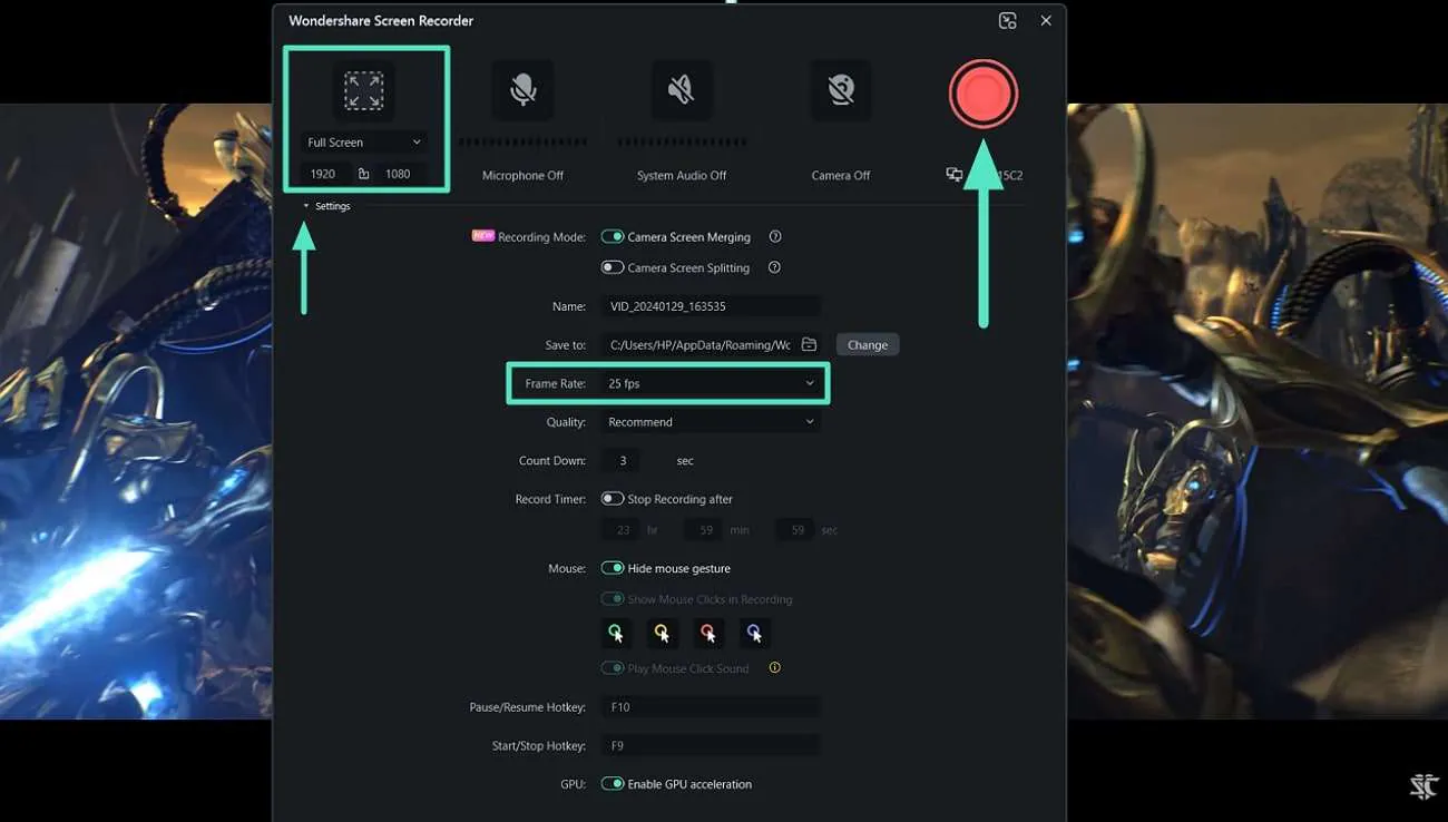 Ajuste as configurações de gravação do jogo