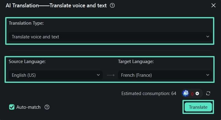 set translation parameters in filmora