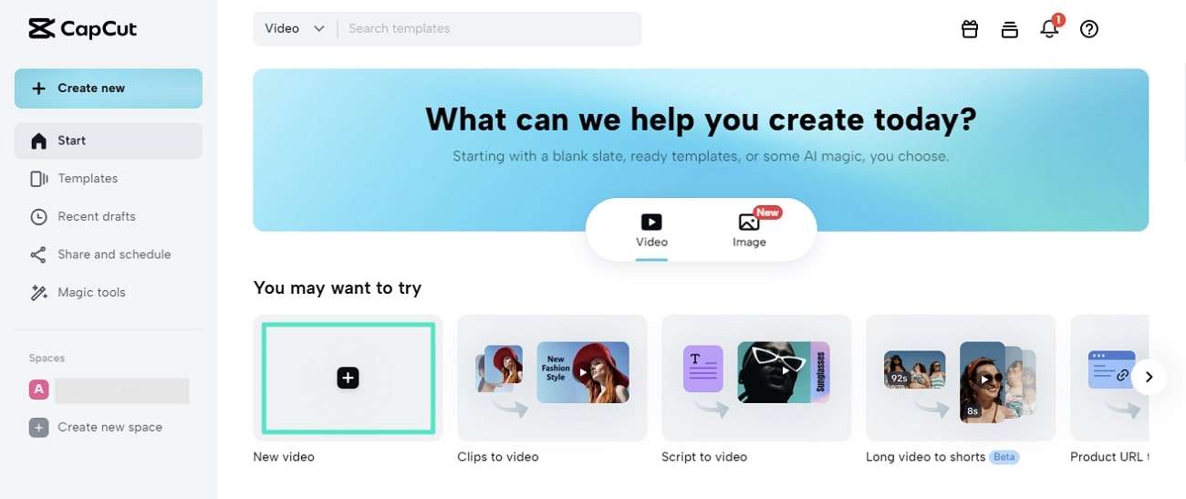 start creating new online capcut project