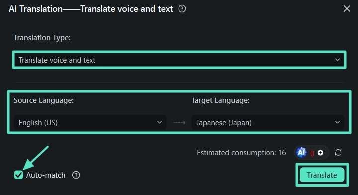 set translation parameters to execute