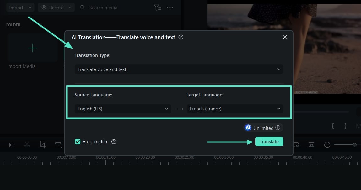 set language parameters for translation