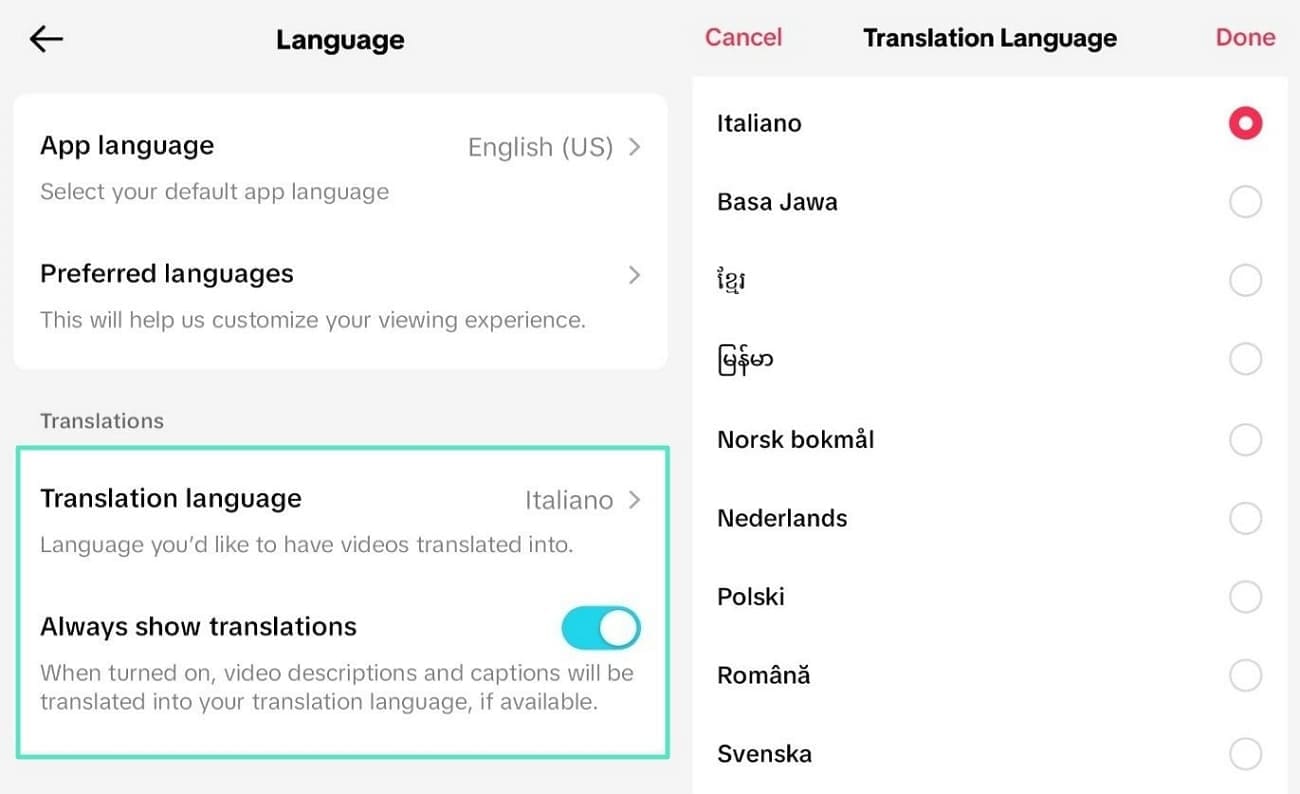 change translation language properties