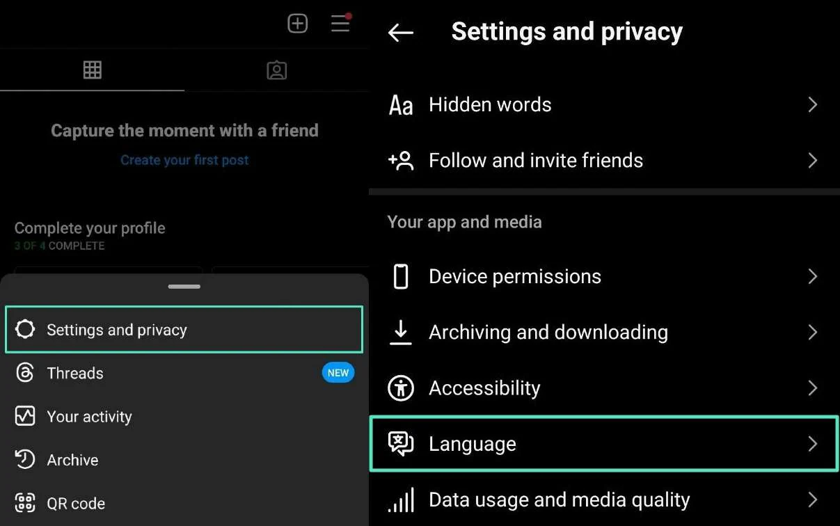 access language settings in instagram