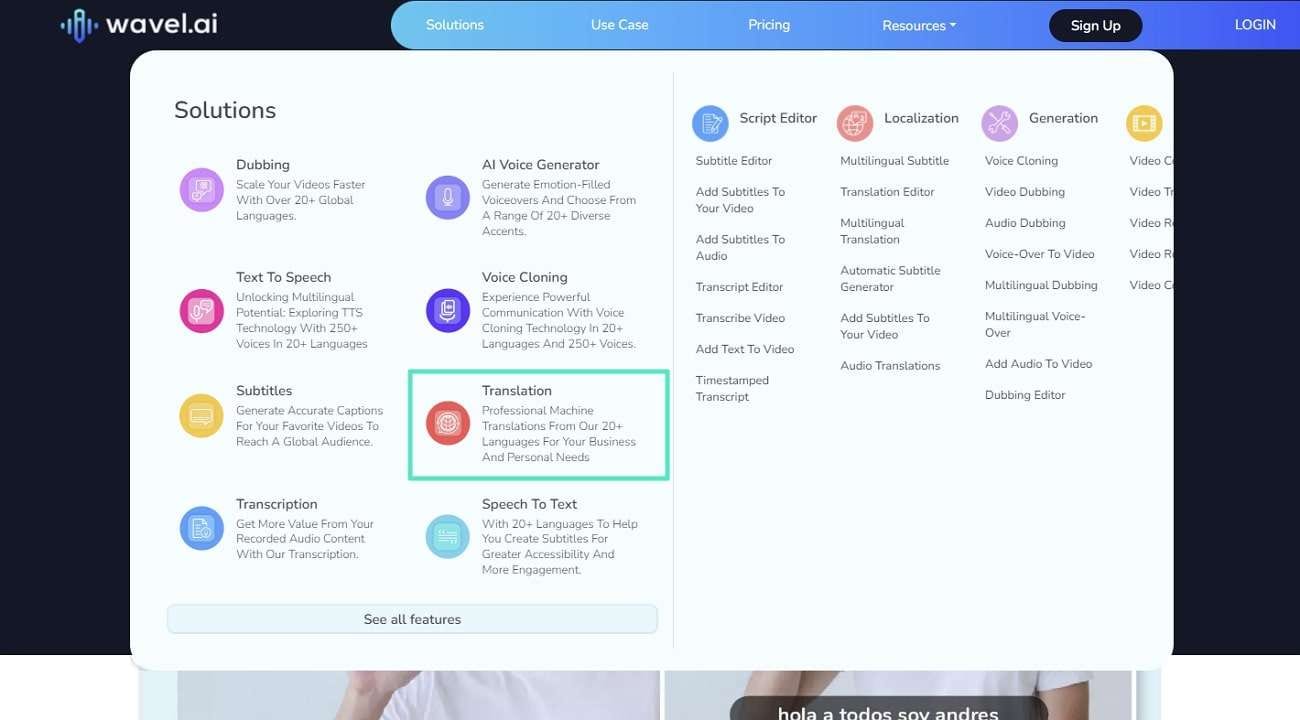 Acesse o recurso de tradução do Wavel.ai